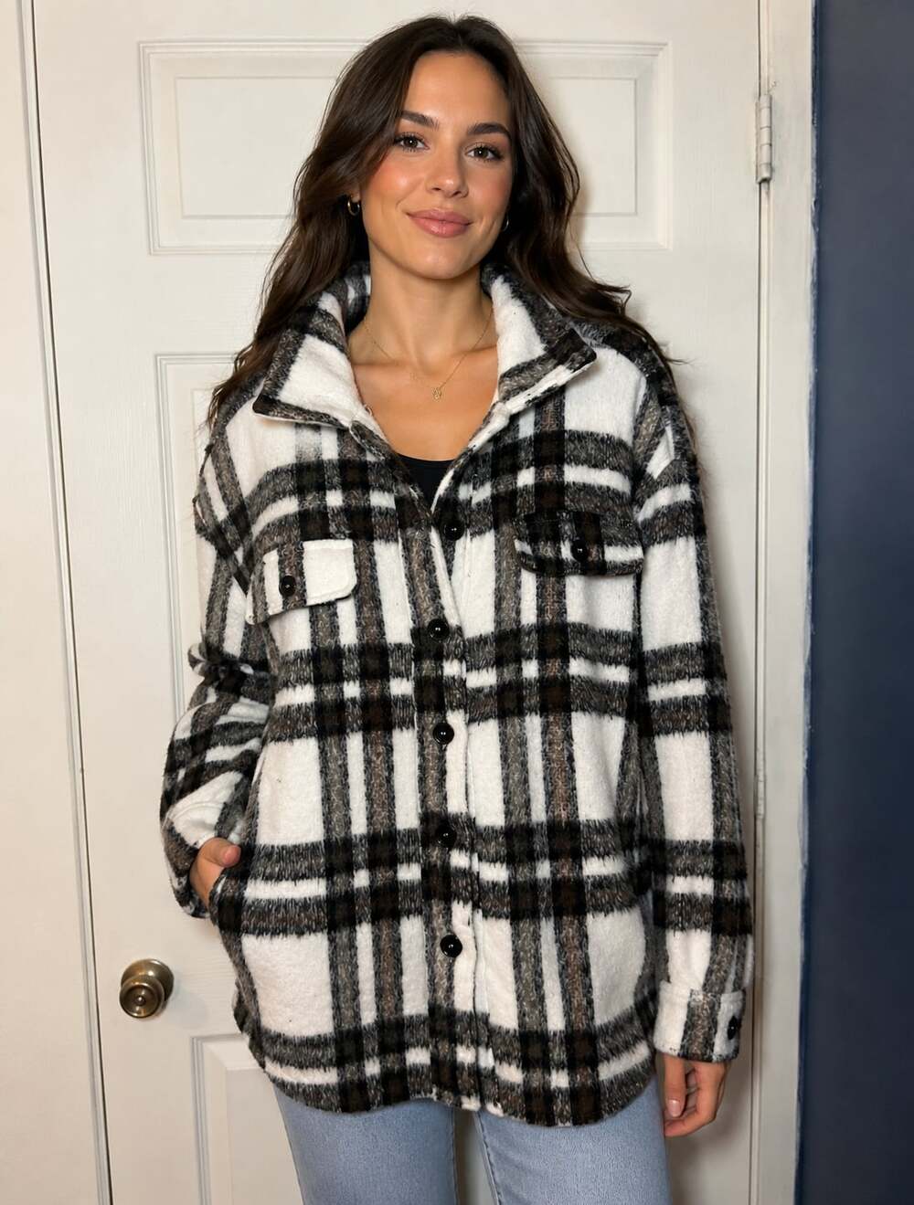 La Miel Plaid Flap Pocket Long Shacket